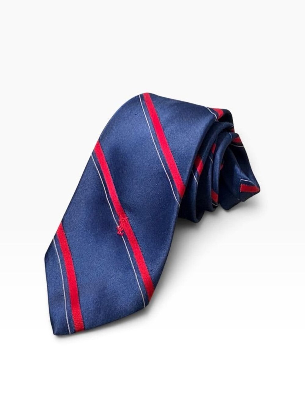 Vintage YSL Prep School Tie Navy Blue Red Striped Silk Classic Preppy Necktie